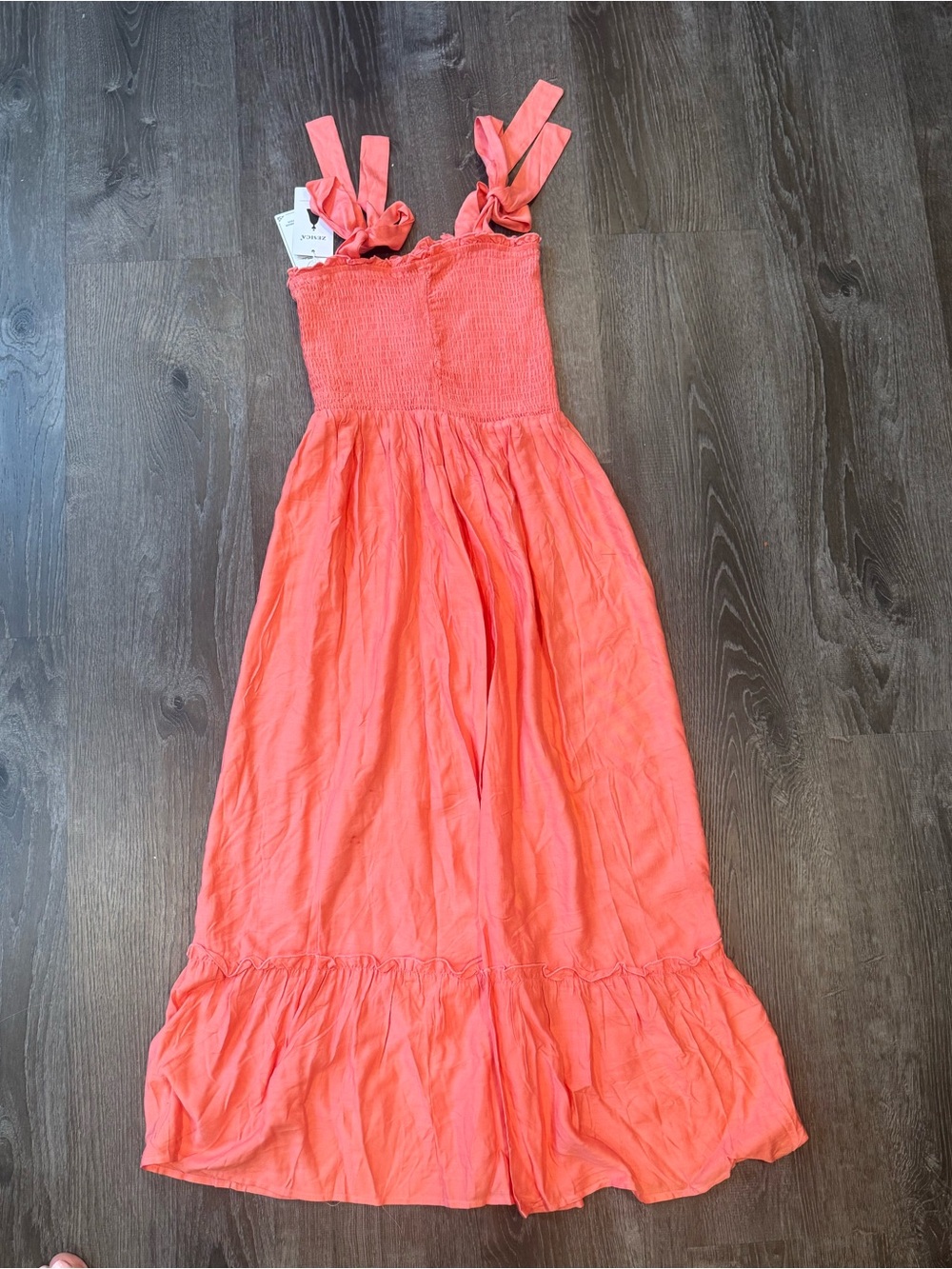 Smocked Tie-Shoulder Maxi Dress in Coral - Picture 2 of 3